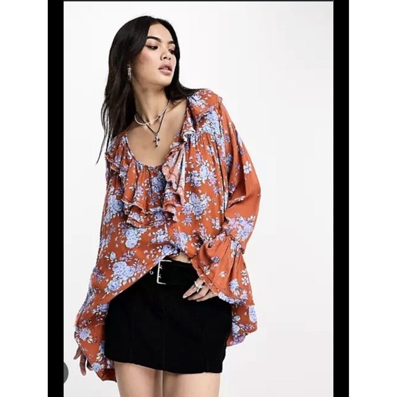 Free People Tops - Free People Women Sz M Loretta Floral Ruffle Boho Cottagecore Tunic Top Festival